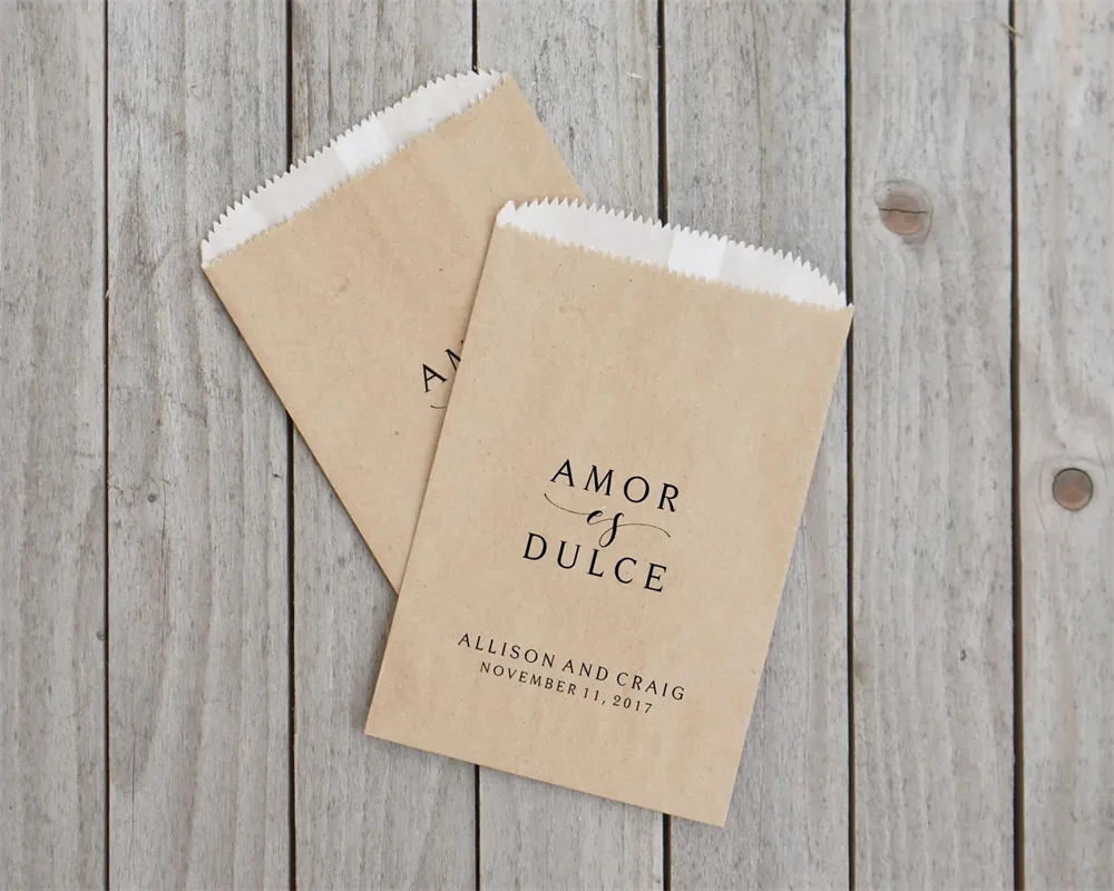 

50PCS Churro Favor Bags, Amor es Dulce, Love is Sweet, Rustic Wedding Sacks, Bridal Shower, Kraft Paper - Lined, Grease Resistan