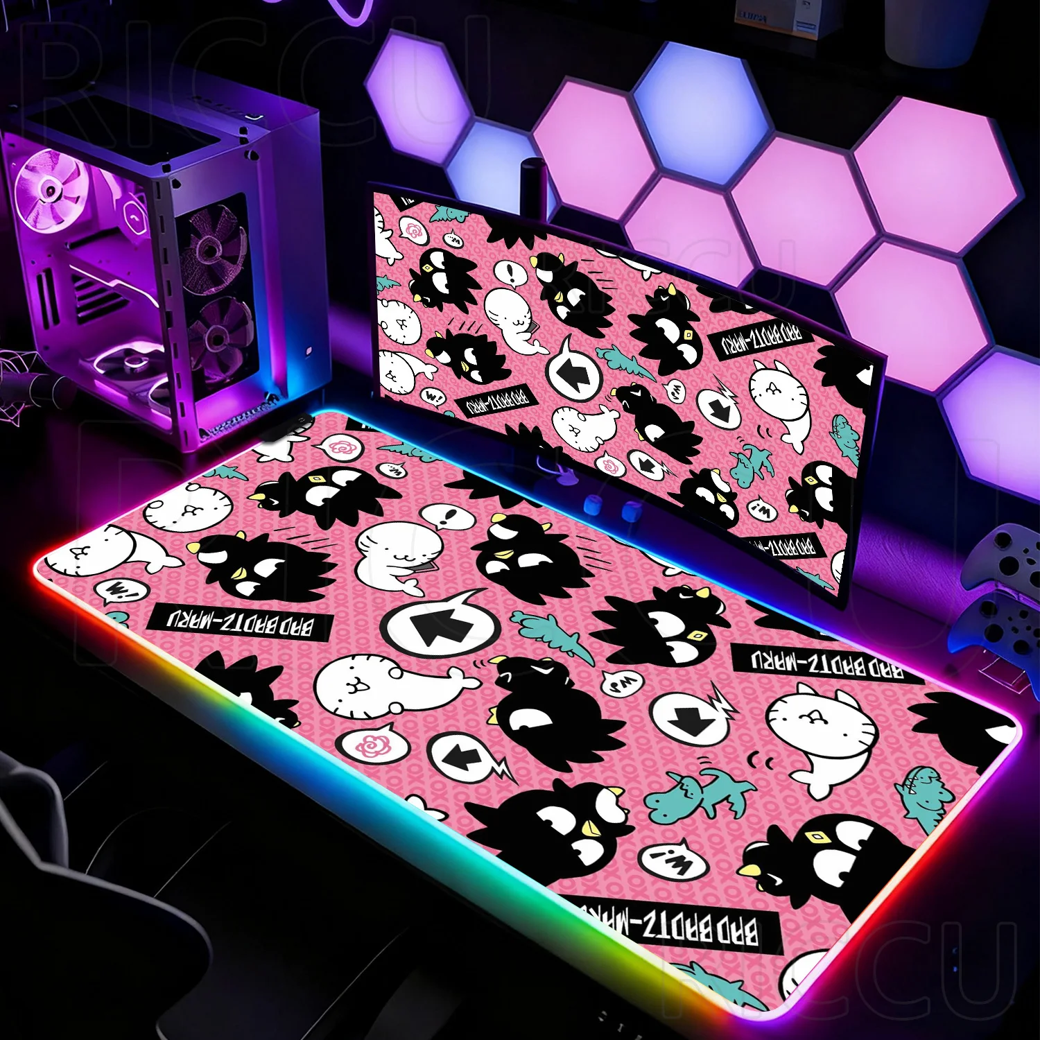

RGB HD Kawaii Penguin Mouse Pad Anime Bad Badtz Maru Keyboard Laptop LED Rug Desk Mats Sanrio Gaming PC Accessories XXL Desk Mat