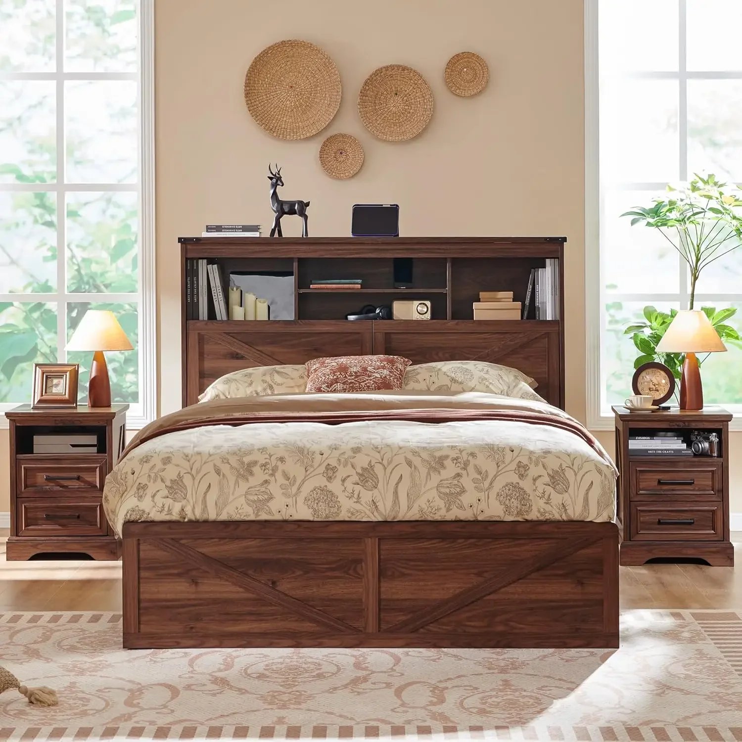 

Queen Size Wood Bed Frame Farmhouse with 52" Tall Storage Bookcase Headboard, LED Light,Charging Station,4 Drawers and Solid Woo