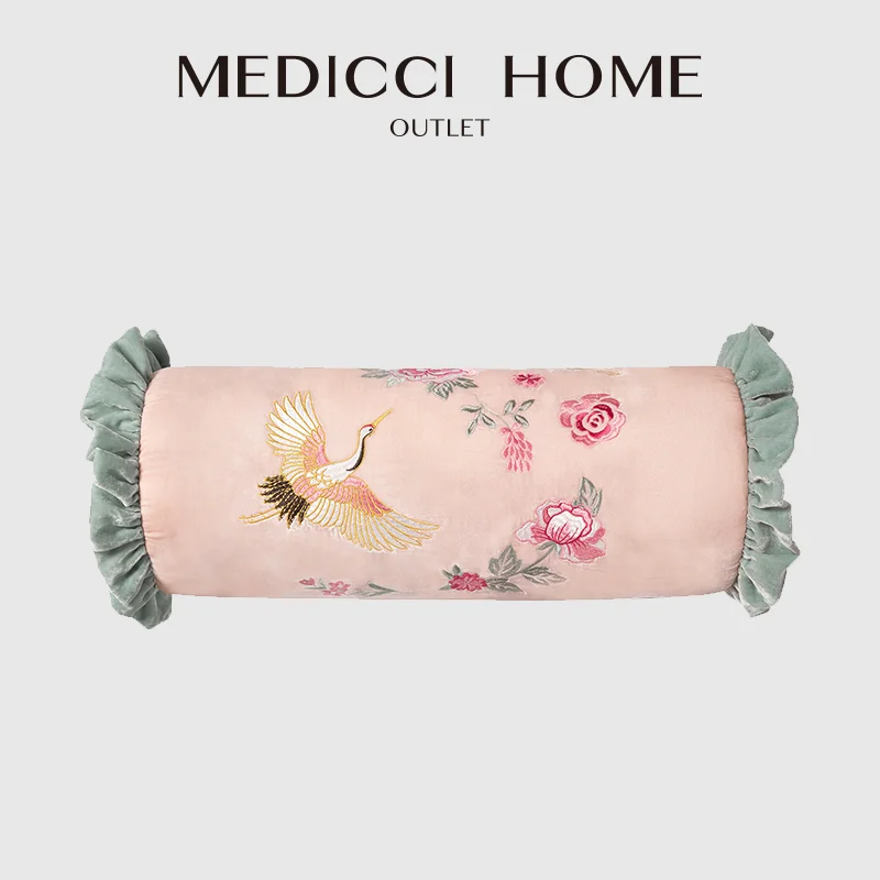 Medicci Home Oriental Dream Inspired Bolster Pillow With Insert Crane Pony Flower Embroidery Decorative Backrest Cushion 20x50cm