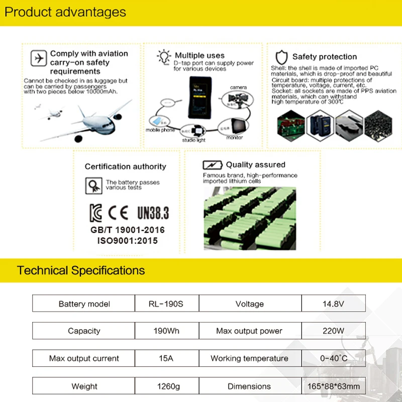 ROLUX V-port Batter RL-95S RL-190S V-Mount Camera Battery 190wh 14.8V with Portable Travel Charger RL-2KS 2-Channel Dual Charger