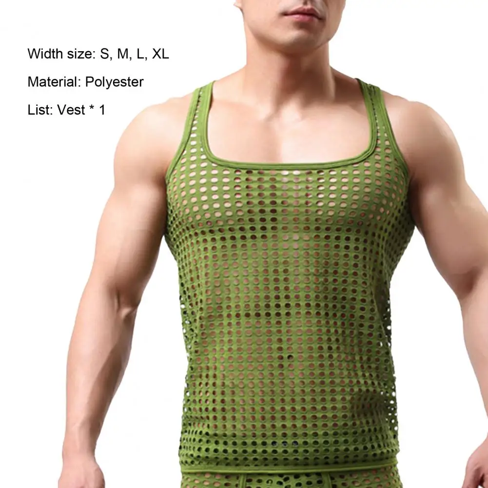 Sexy Men Vest Hollow Out Mesh Sleepwear Fish Net Pure Color Vest