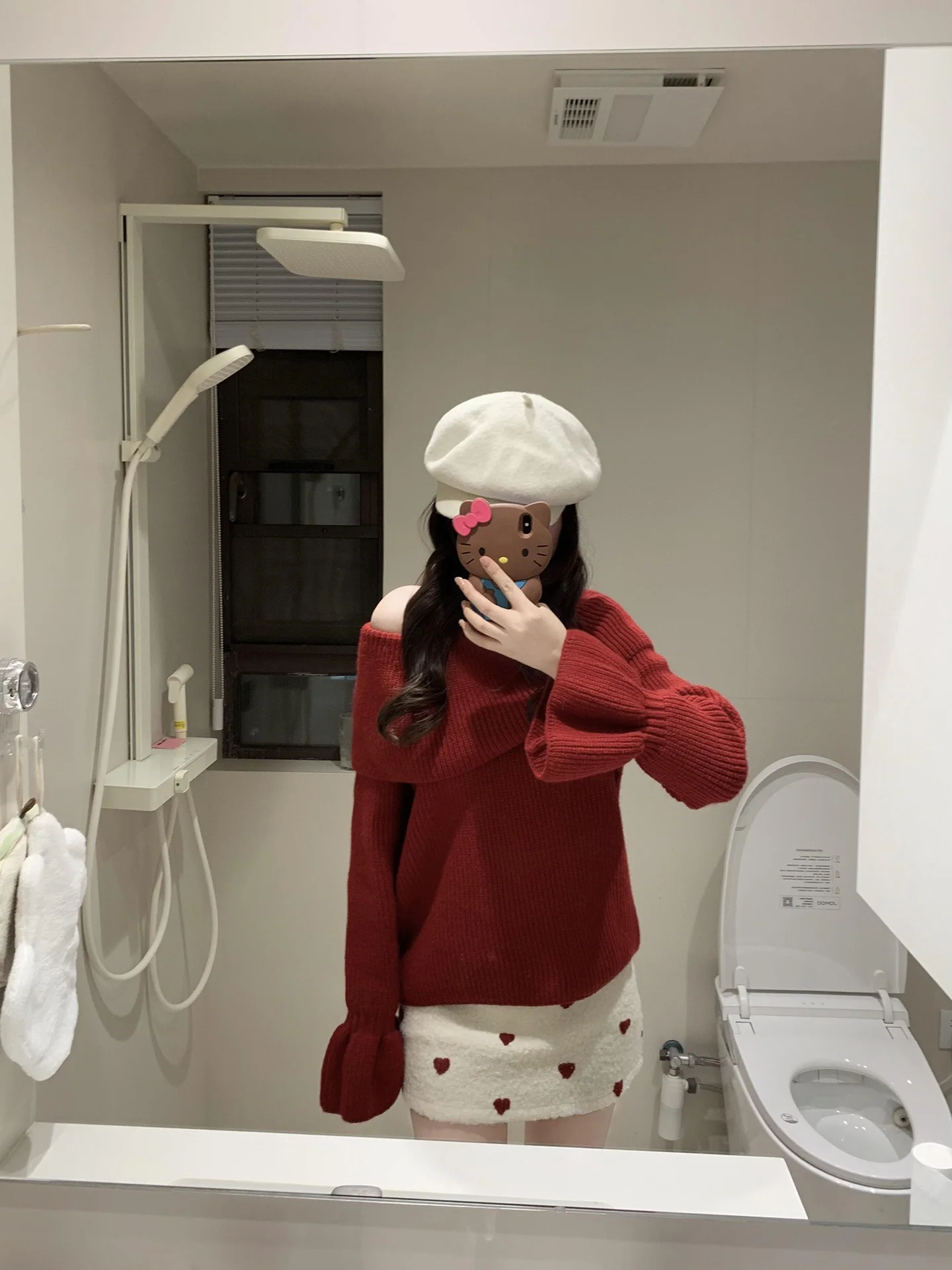 Red Knitted Sweater Women's Winter Lazy Sle Slant Collar oulder Exposure Loose Warmth Small Faionable Knitwear