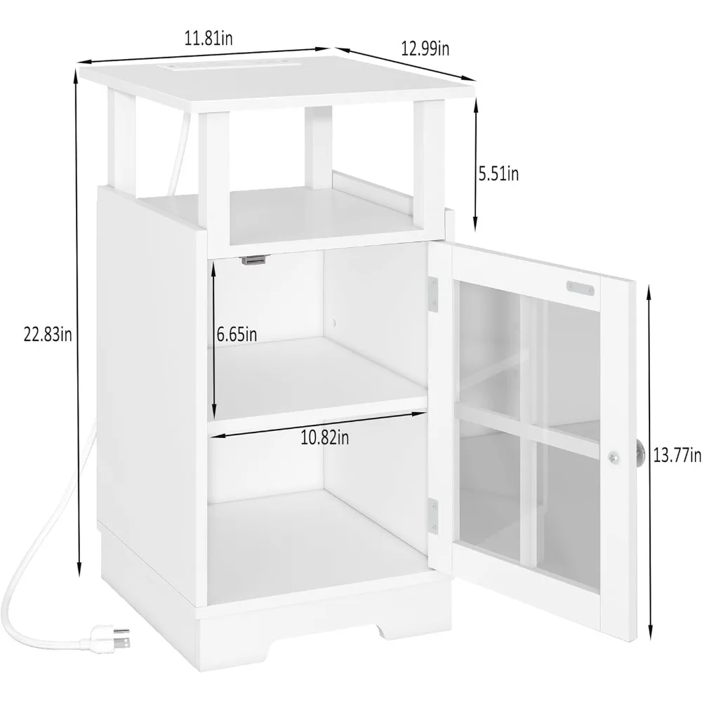 Modern White Side Table with USB Charging and Outlets, Mid-Century Inspired Nightstand