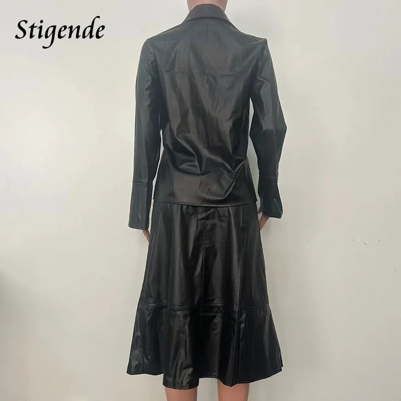 Stigende Black Faux Leather Two Piece Set Women Button Pu Shirt and Skirt Casual Patchwork Bodycon Outfits