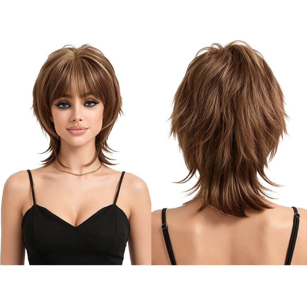 Short Brown Highlight Wigs with Bangs Women Layered Shaggy Wolf Cut Wig Heat Resistant Synthetic Hair For Daily Cosplay Party