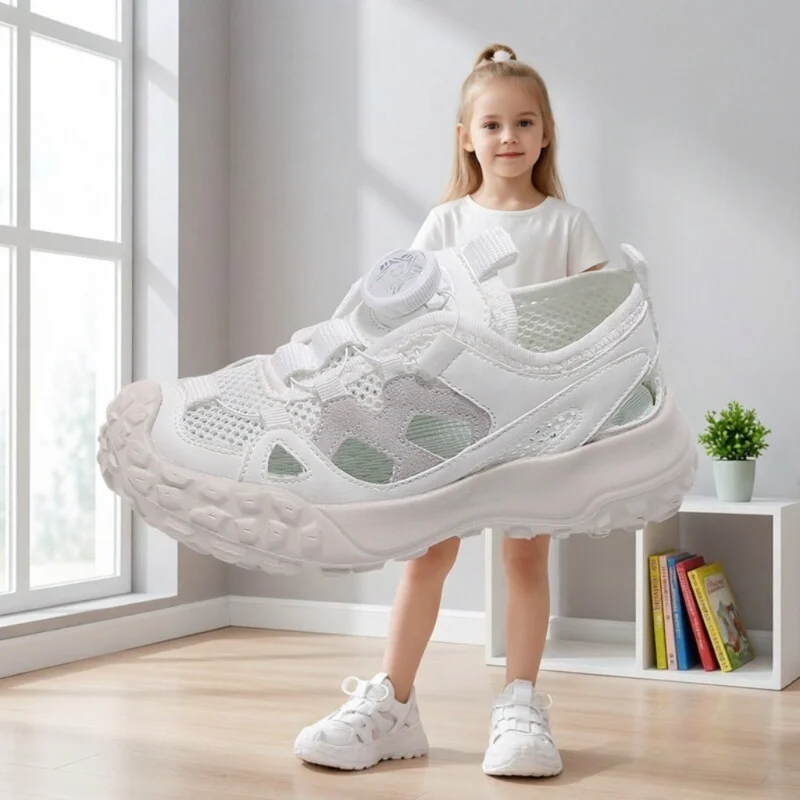 

Детские сетчатые кроссовки, летние новые повседневные туфли для девочек с перфорацией, модные кроссовки для мальчиков с вращающейся пряжкой из ЭВА, размеры 26-36