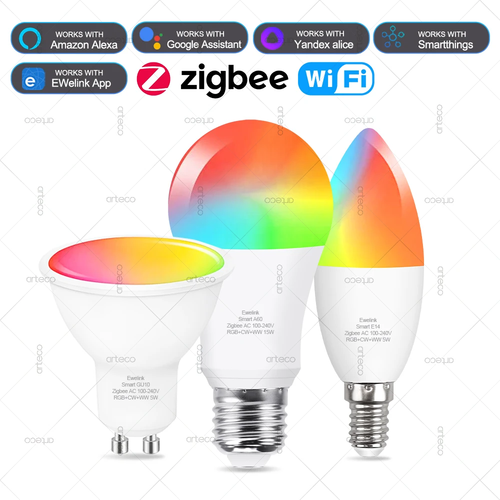Smart WiFi Zigbee Led Light Bulb GU10 E27 E14 Dimmable RGBCW Led Lamps For Ewelink App Alexa Amazon Google Yandex Smartthings
