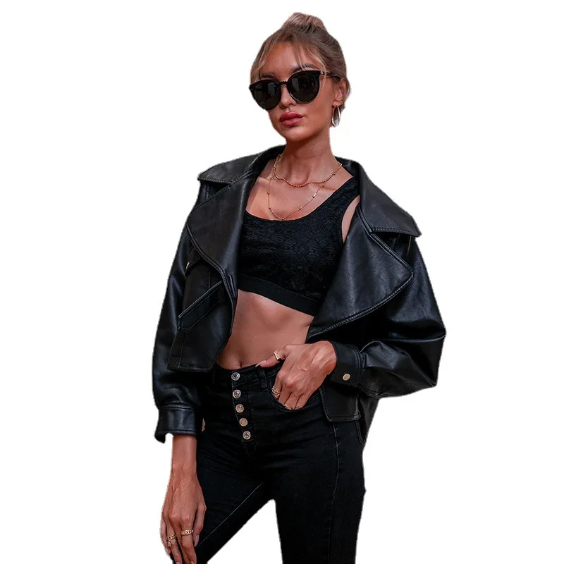 Purchase fashionable PU lapel black short leather jacket, loose long sleeved women\'s Korean version leather jacket