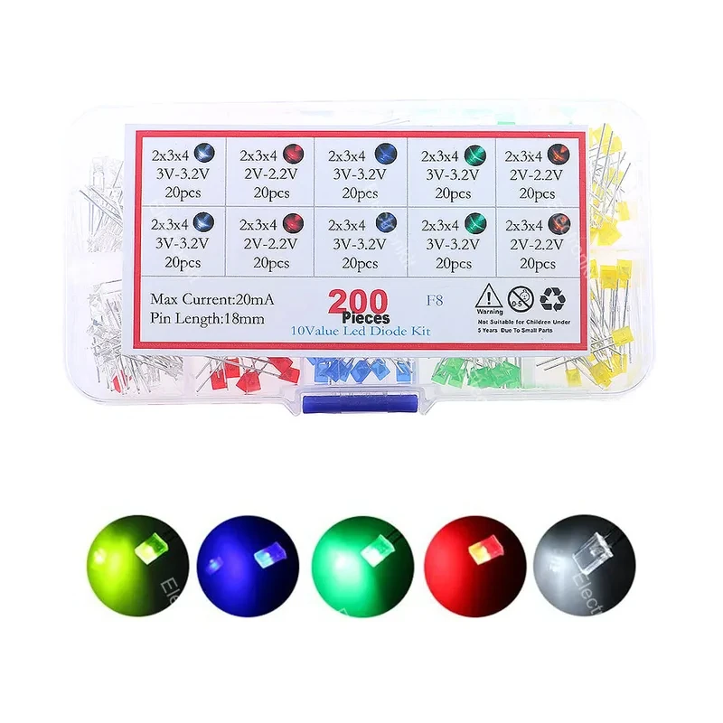 200Pcs 2*3*4MM Square LED  Primary Color Red Blue Green Yellow White 2x3x4mm Diode Assorted Kit