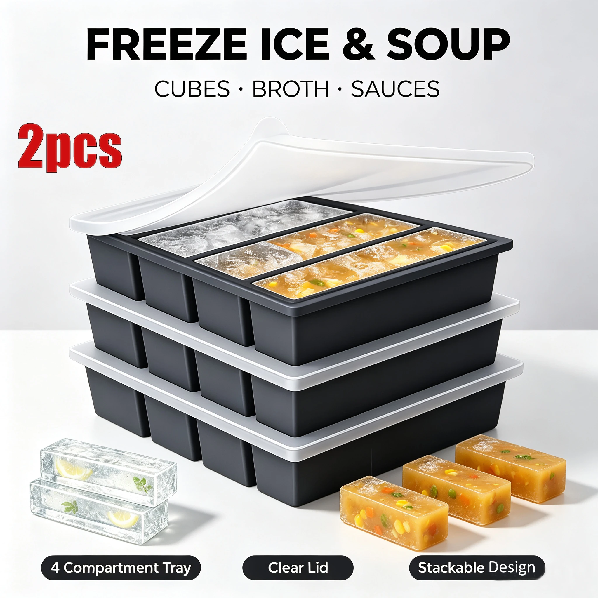 4 Grid Giant Silicone Ice Cube Tray Long Strip Square Silicone Freezer Trays 4 Cubes Food Molds with Lid Durable Soup Ice Mould