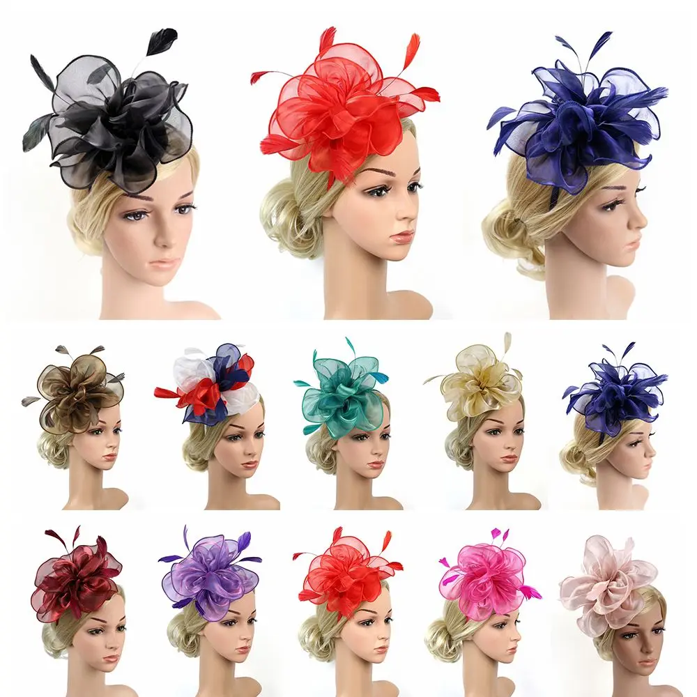 Girls Flower Mesh Headband Royal Ascot Race Wedding Feather Flower Headband Cocktail Tea Party Headwear Fascinator Hats