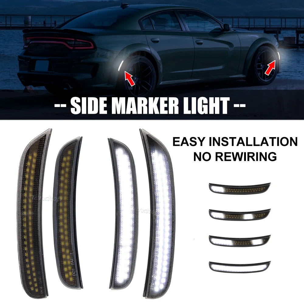 Dynamic Scan White Front Rear Lights LED Side Marker Lamp Front Rear Fender Bumper Lights For Dodge Charger 2015-2023