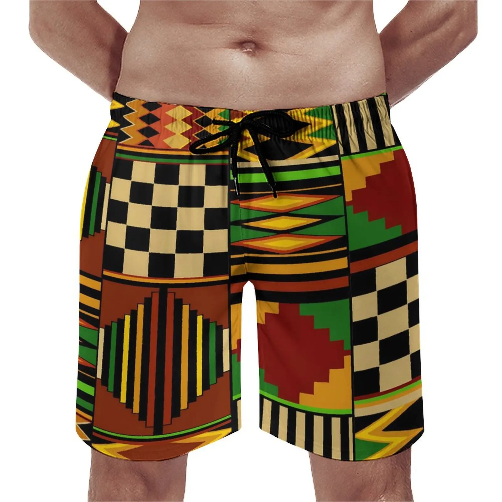 African Ethnic Print Gym Shorts Summer Tribal Kente Design Hawaii Beach Shorts Men Sports Fitness Comfortable Swimming Trunks