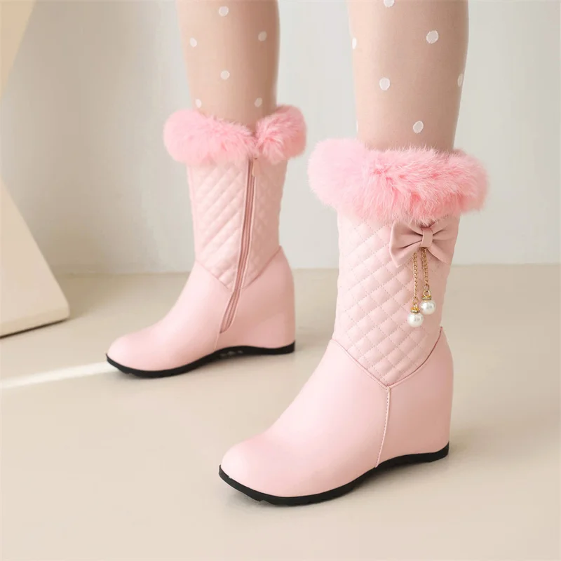 

2023 Winter Sweet Bow Fur Mid-calf Snow Boots Princess Chain Pearls Pendant 7cm Height Increasing Party Women Shoes Pink White