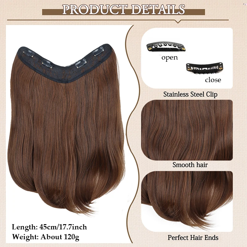 Women Invisible Clip In Hair Extensions, One Piece Synthetic Straight Hairpiece, 4 Safety Clips for Full Head Volume