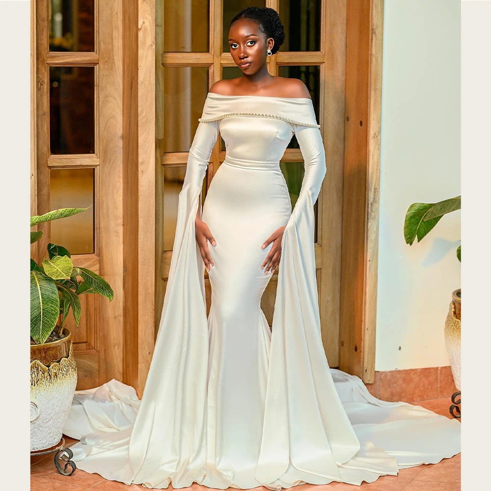 Mermaid Wedding Dresses Off Shoulder Long Flare Sleeve Satin African Bride Dress with Pearl Elegant Ivory Bridal Gown Customized