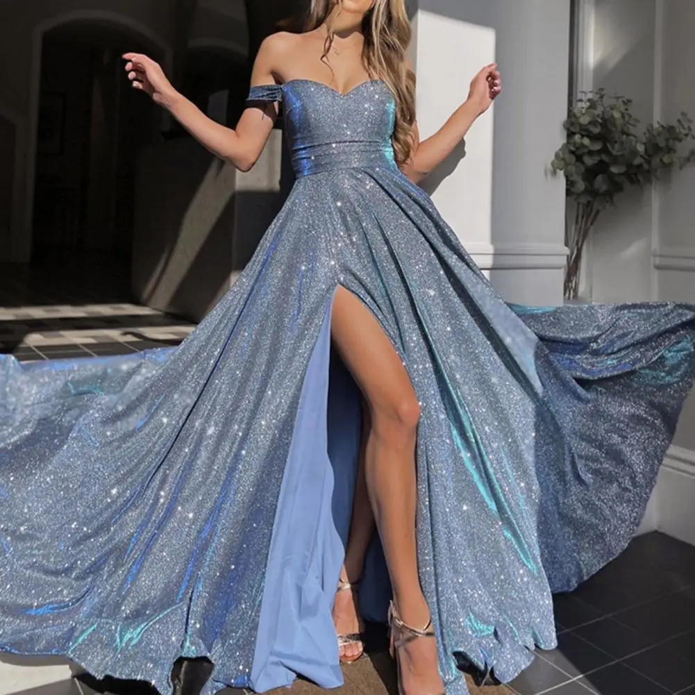 Women Shinny Maxi Dress Shiny Sequins Off Shoulder Low Cut Detail Dress Big Swing Split Hem Satin Wedding Party Evening Dress