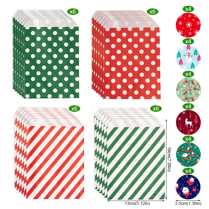 24Pcs Christmas Paper Treat Bags with Stickers Polka Dot & Striped Pattern Candy Buffet Bags for Xmas Party Favor Gift Bags