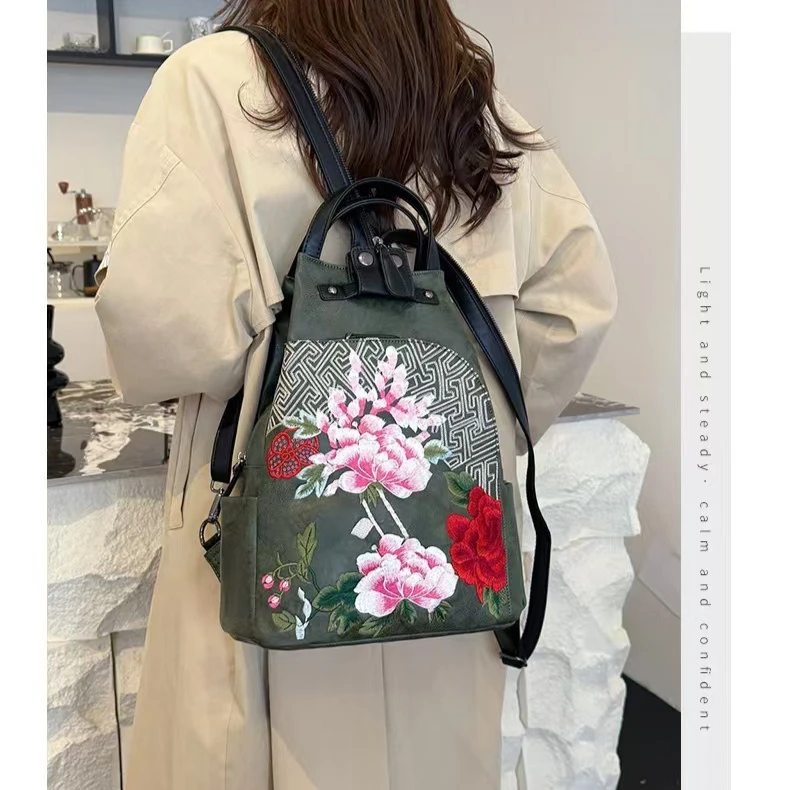 PU leather retro Chinese-style flower embroidered cheongsam-style lady's bag with ethnic style waterproof cross-body bag