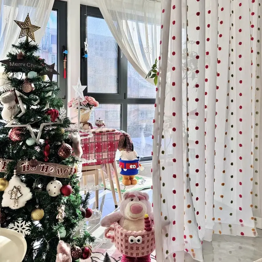Boho Chic Pom-Pom Sheer Curtains Colorful 3D Floral Tufted Design Rod Pocket Window Drapes for Kids Bedroom Living Room Decor