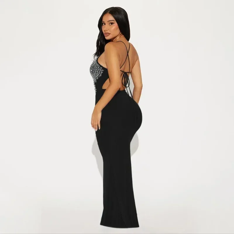 GUWU ตาข่าย Rhinestones ร้อนผู้หญิงแขนกุด Bodycon ความยาวชั้นชุดยาวฤดูใบไม้ร่วงเซ็กซี่เพชรชุดราตรีชุดราตรี