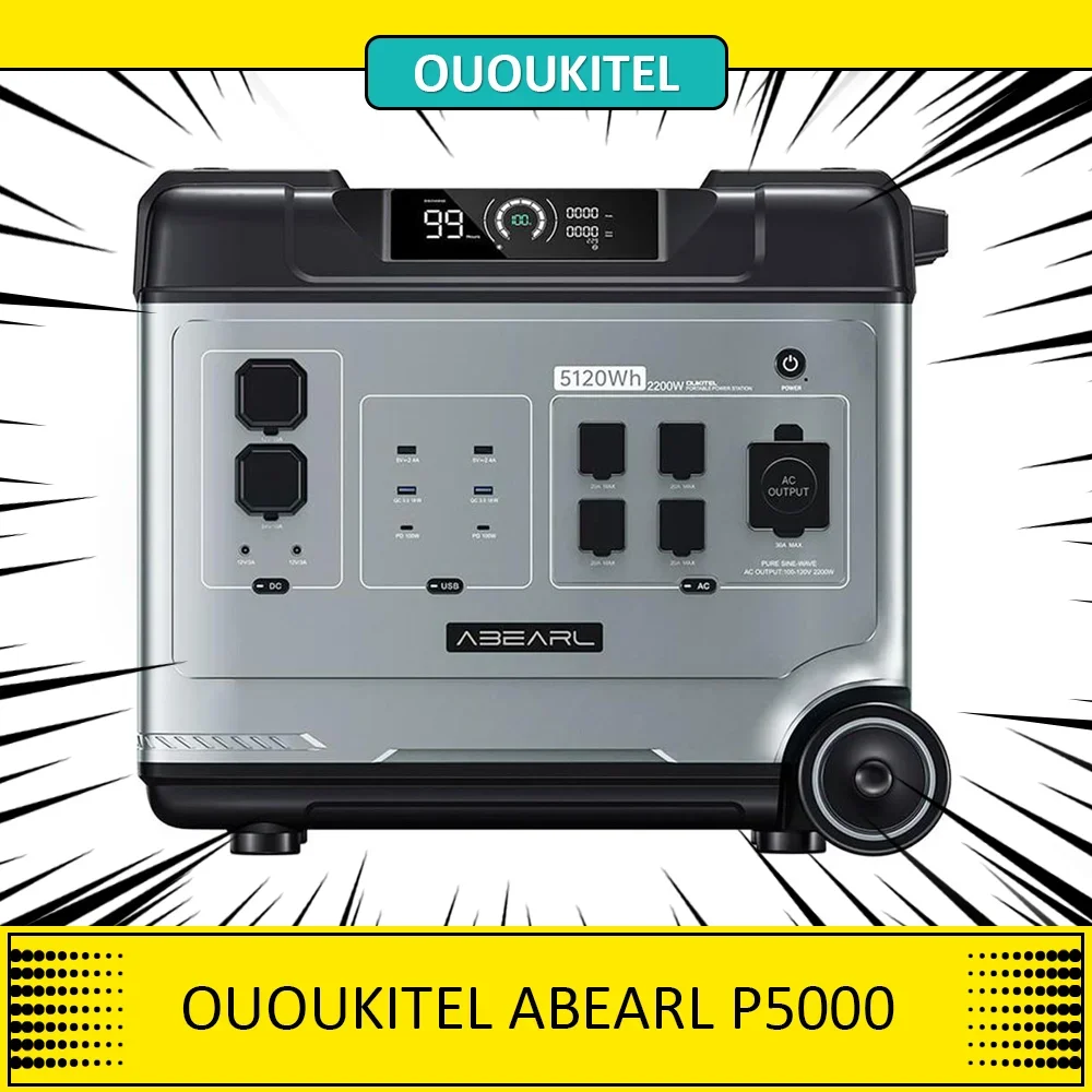 OUOUKITEL ABEARL P5000 Portable Power Station, 5120Wh LiFePO4 Battery, 2200W Output, 15 Outputs Smart BMS System Seamless UPS