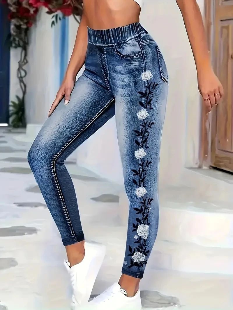 Women's Fashionable Faux Denim Printed Slim-Fit Leggings