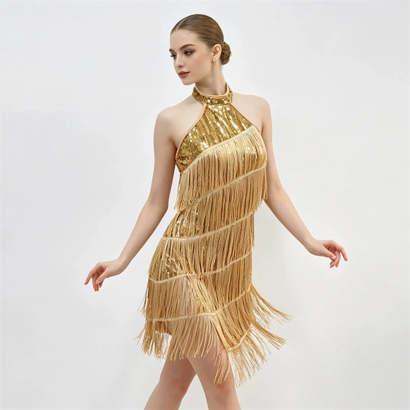 Damen Latein Tanzkleid Pailletten Fransen Neckholder Rückenfreies Tanzkostüm Glänzendes Samba Tango Cha Cha Performance Partykleid 2026 – Detail 4