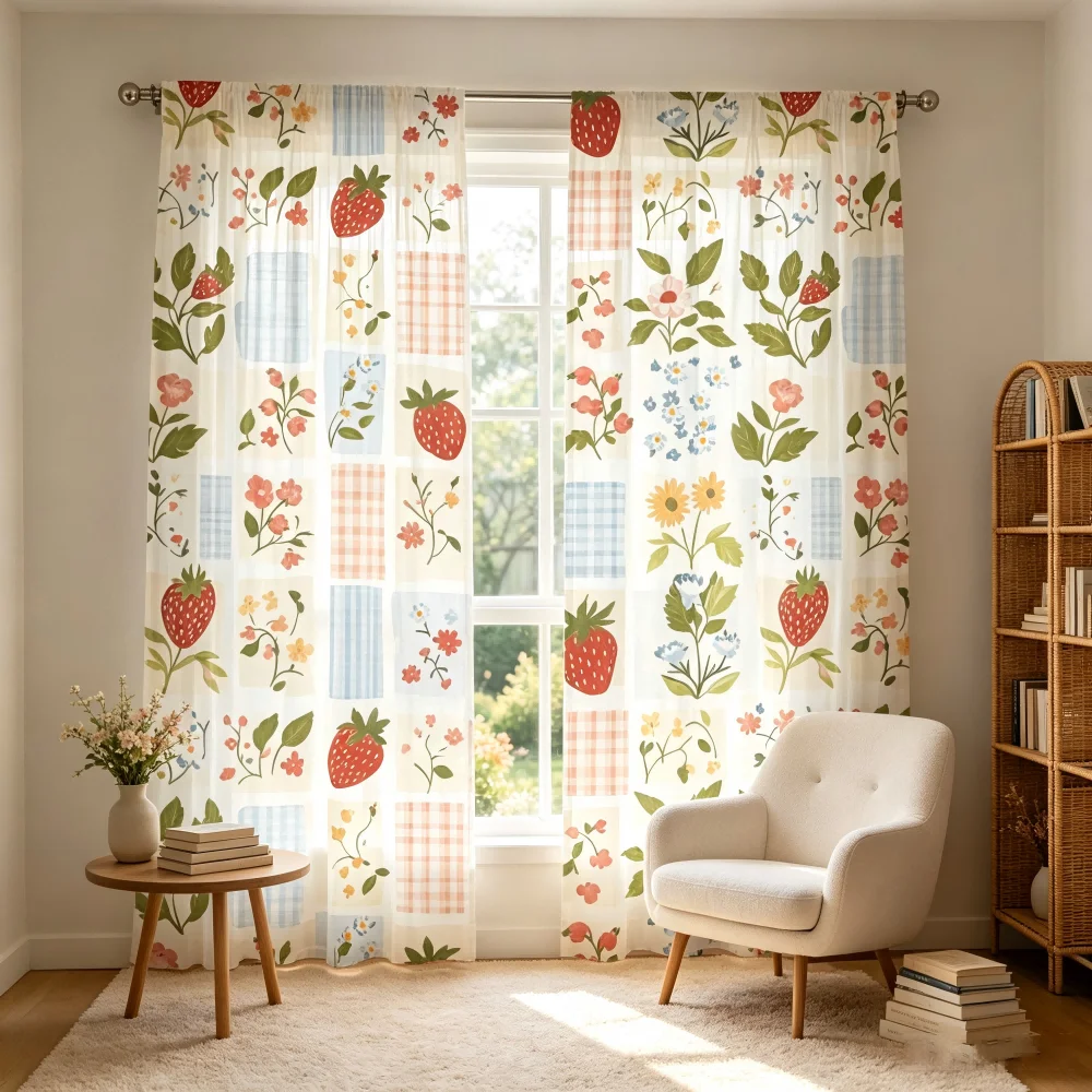 2PCS Digital Printed Curtain, Patchwork Plaid Strawberry Floral Pattern, Rustic Country Vintage Style Window Drapes Kitchen