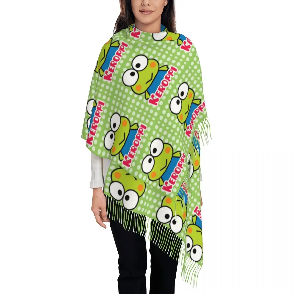 Custom Lady Long Kerokero Keroppi Scarves Women Winter Fall Soft Warm Tassel Shawl Wraps Scarf