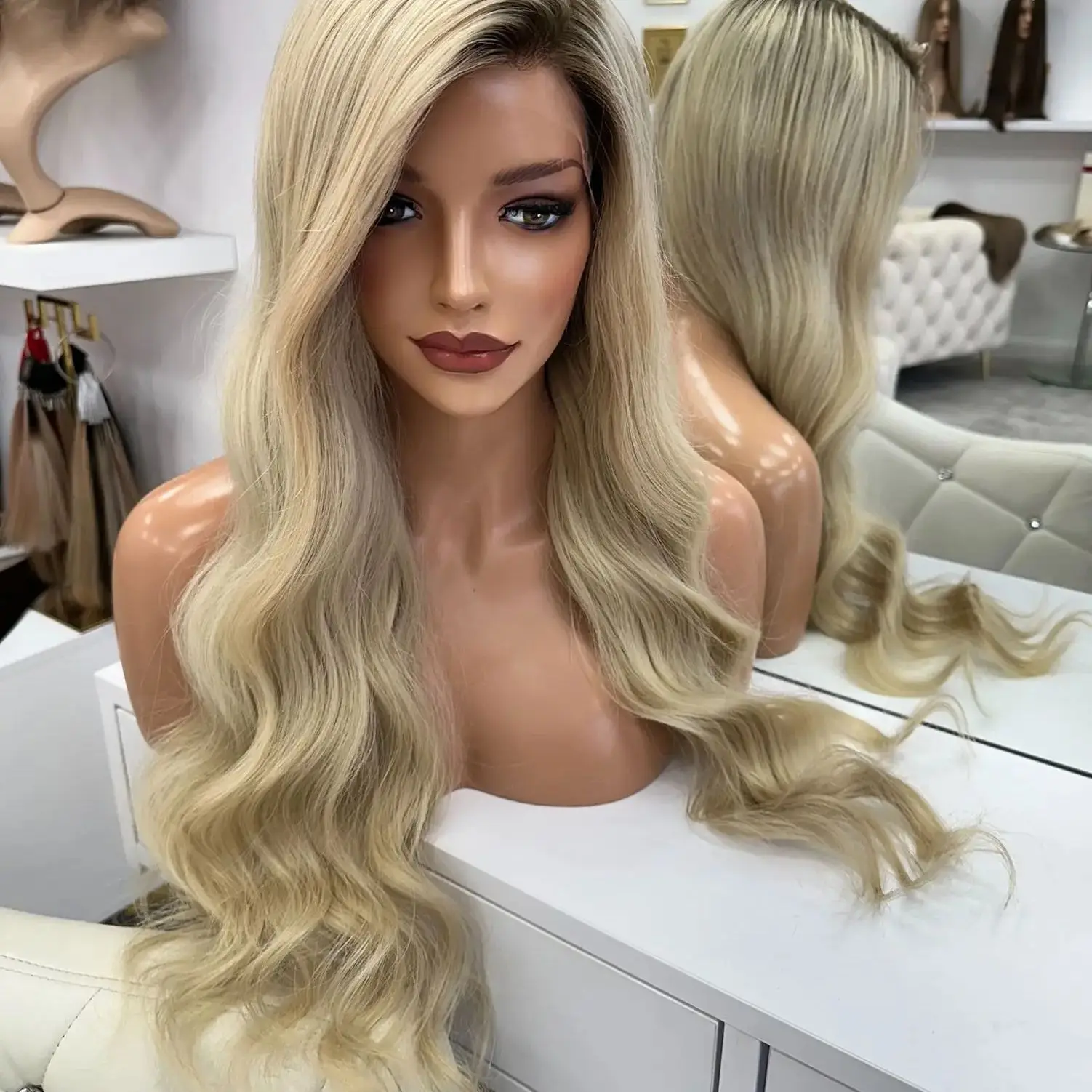 Platinum Ash Blonde Highlights Lace Front Wig Long Wavy Soft Fibre Synthetic Wig Natural Realistic Look Hairline Wig for Women