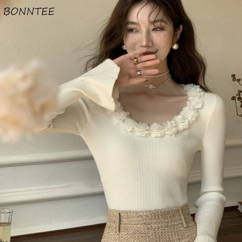 

Autumn Pullovers Women Slim Gentle Knitted French Style Elegant Flare Collar Soft Casual Temper Streetwear Sweater Ladies Inner