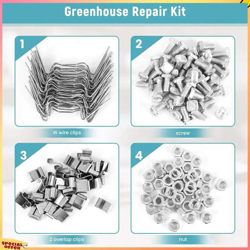 ABFI 200Pcs Greenhouse Repair Kit, Include Glazing W Wire Clip,Z Overlap Clip,Aluminium Nut And Bolt For Aluminium Greenhouse