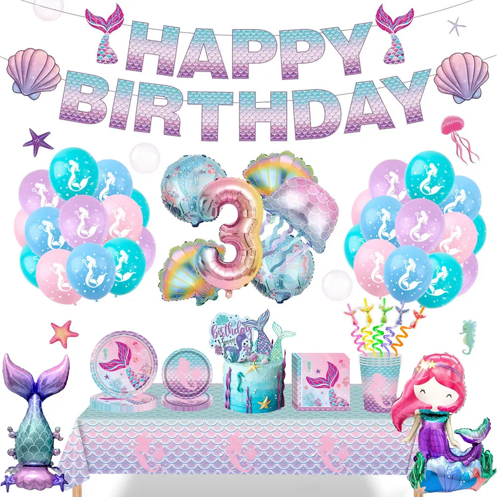 Mermaid Theme Disposable Tableware Set 1-9 Number Foil Balloons 3D Mermaid Tail Foil Balloons Girl Birthday Party Decorations