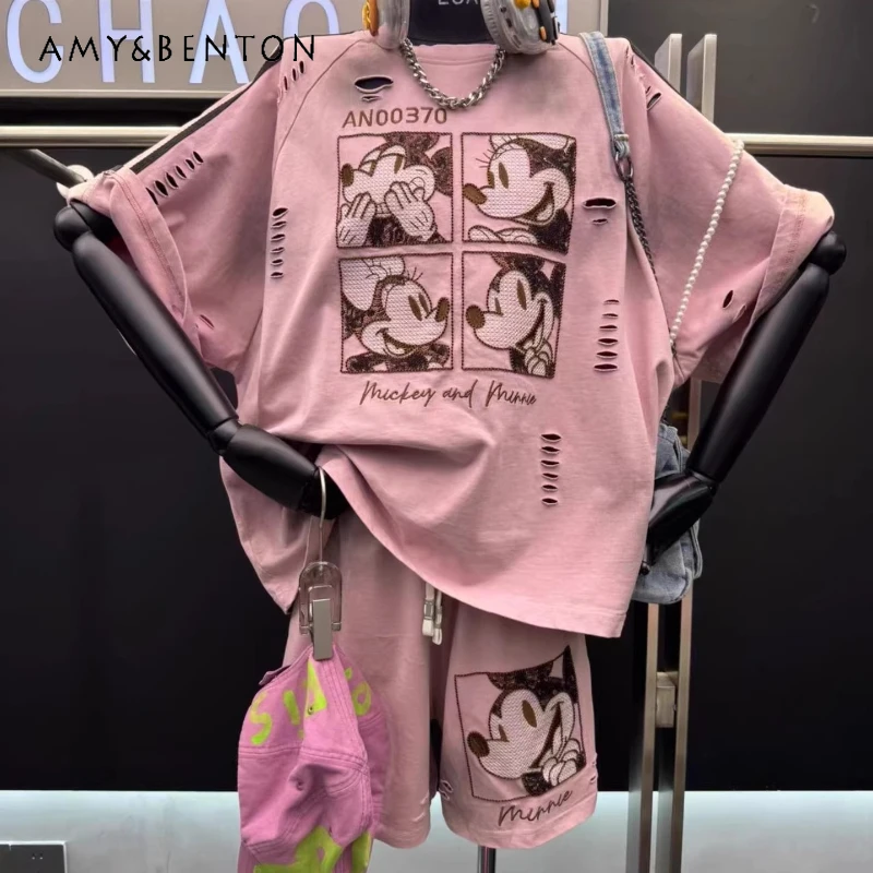 

Spring Summer New Arrivals Premium Sequin Cartoon Distressed Short Sleeved T-shirt Relaxed Fit Shorts Two-piece Set For Women