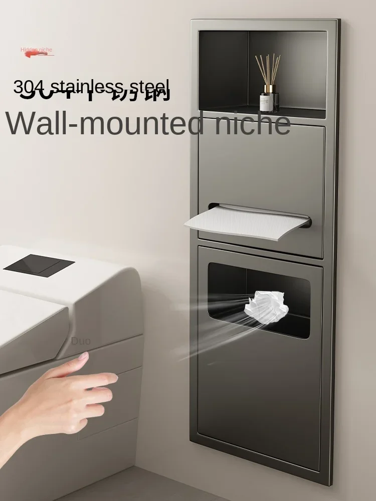 Toilet Niche Embedded Stainless Steel Trash Can Roll Paper Storage Rack Bathroom Bathroom 304 Niche Cabinet with Door