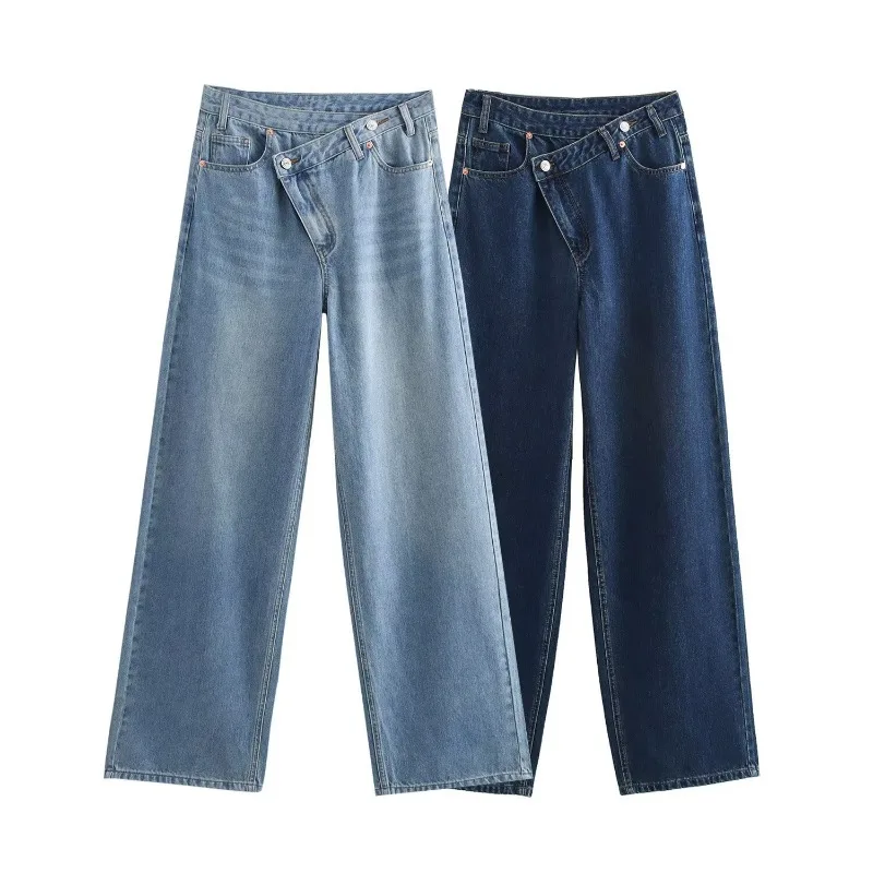 

TRAFZR Y2k Jeans Woman 2025 Spring Womens Dark Blue Denim High Waist Wide Leg Straight Fit Jeans Stylish Casual Vintage Daily