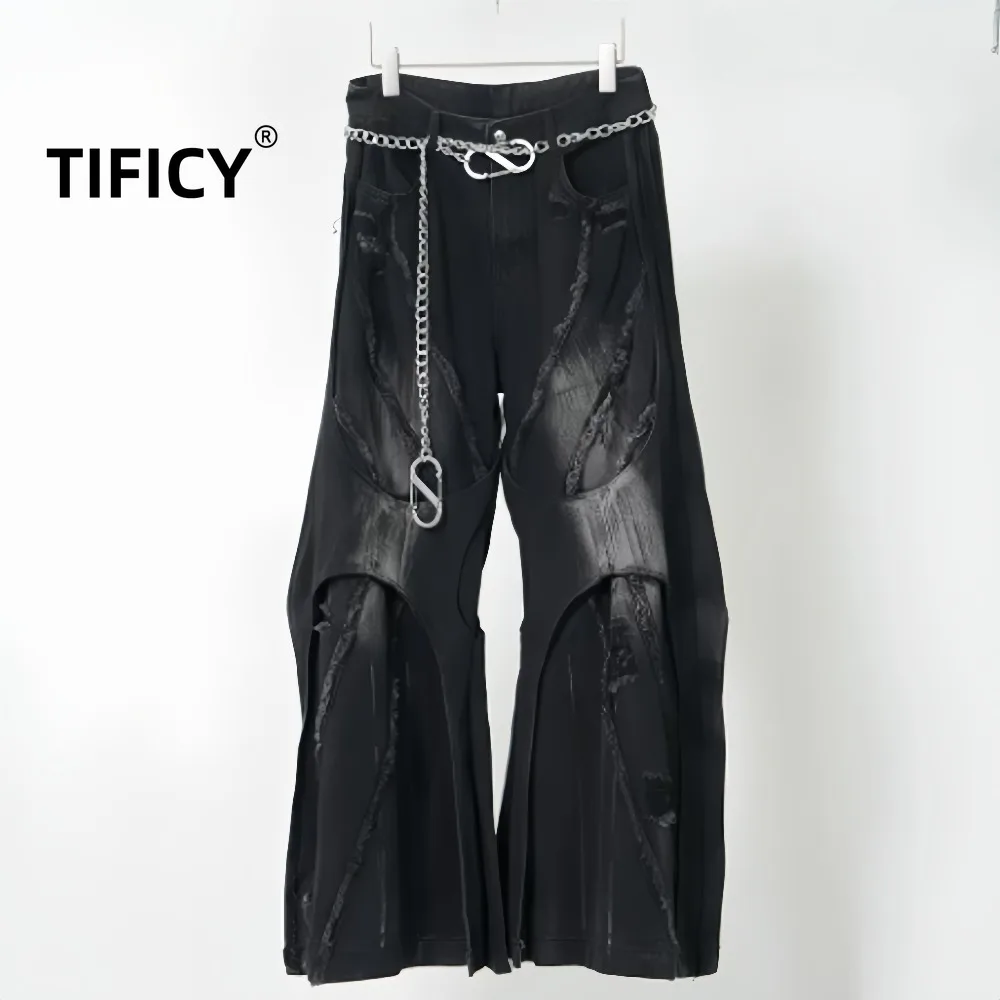 

High Street Heavy Industry Damaged Jeans Pants with Waist Chain Men's Water Washed and Used Large Loose Wide Leg Floor Pants