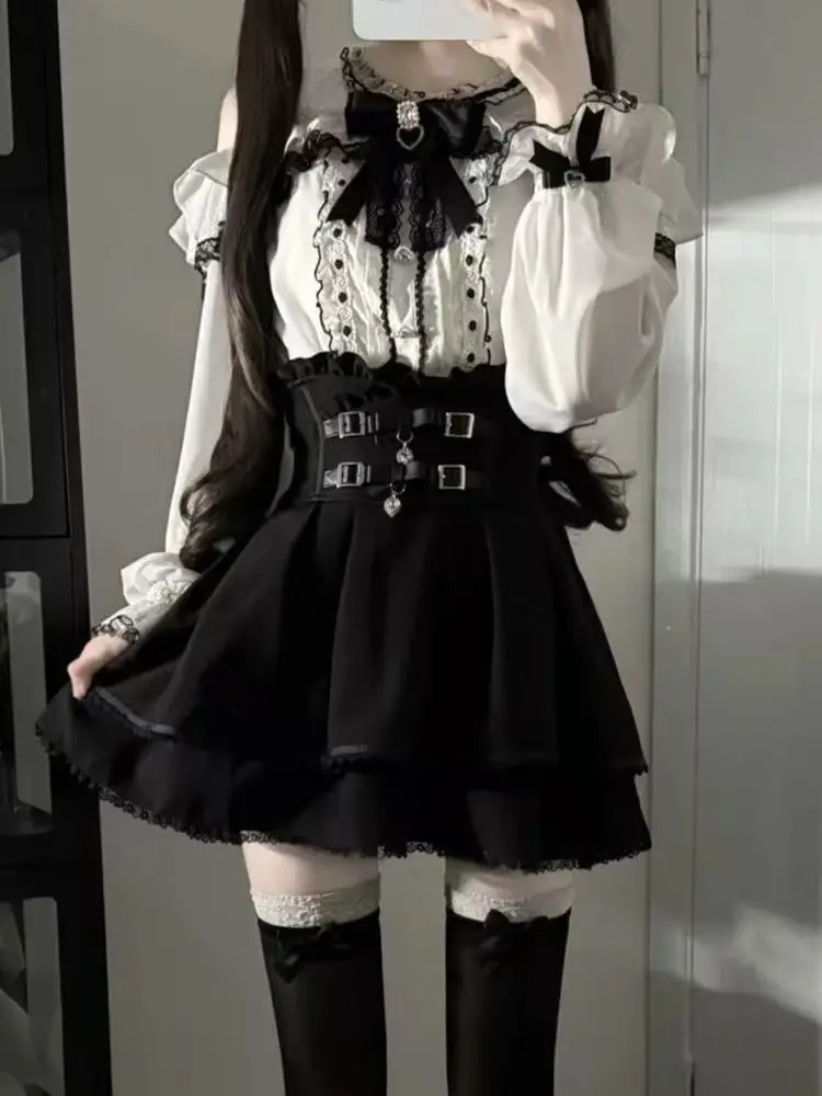 2025 Japanese Kawaii Slim Lolita 2-piece Set Women's Fashion Sweet Bow Lace Long Sleeve Tops Design Hepburn Short Skirt Suit New