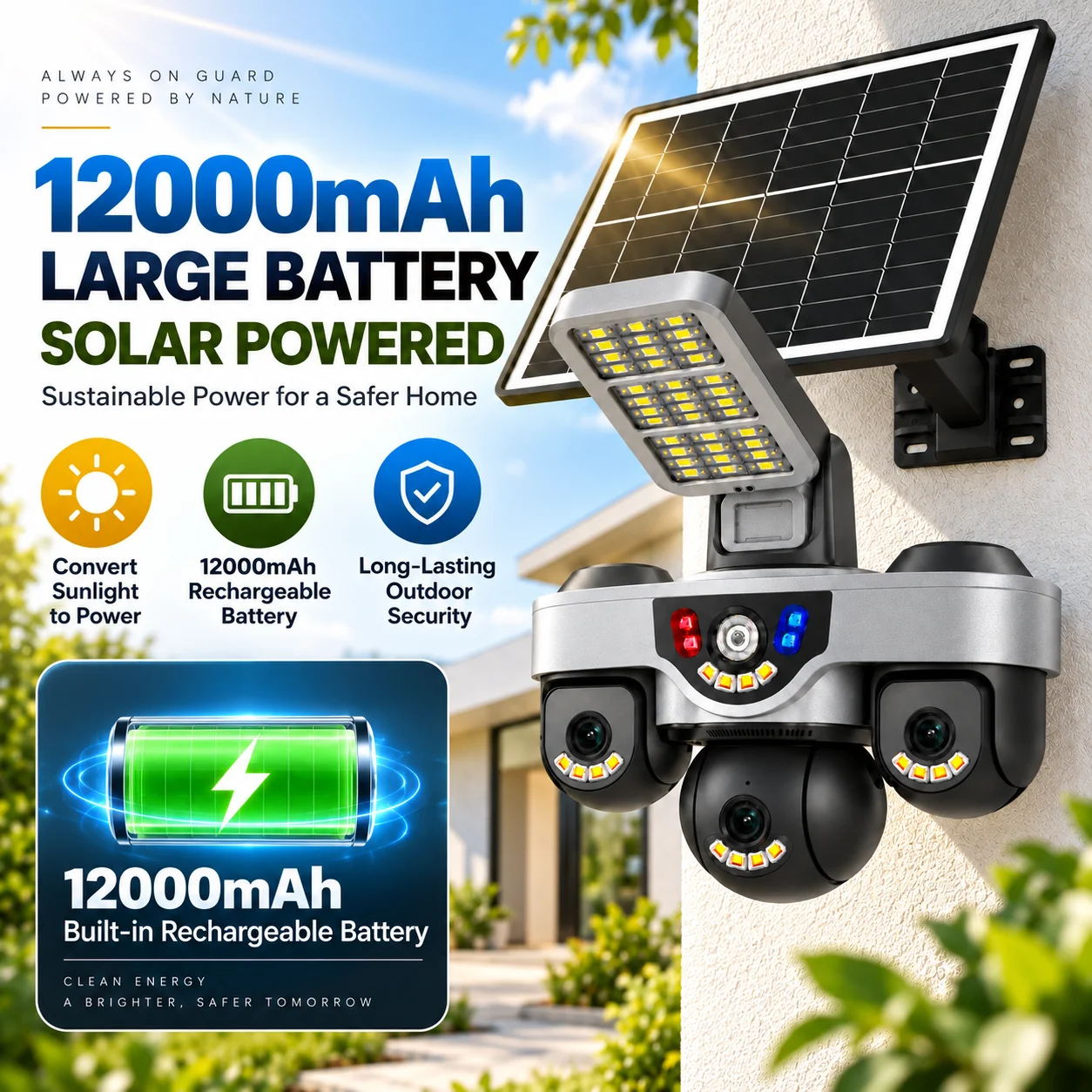 15MP Three Screen WiFi Security Solar Camera LED Lighting CCTV Wireless Surveillance IP Camera Remote Control V380 App