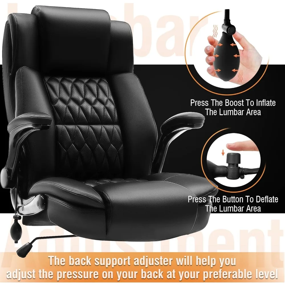 Large High Back Office Chair - Adjustable Lumbar Support, Flip Up Arms, Heavy Duty Metal Base, Breathable Bonded Leather, Chairs