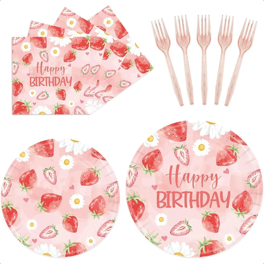 

96 шт., тарелки для дня рождения с клубникой, салфетки, сладкий детский душ, розовые фрукты, клубника, тема, вилки, набор посуды, украшения