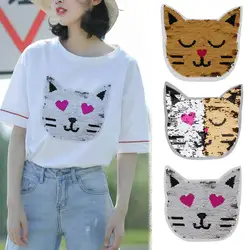 Catoon Cat Reversible Patch Embroidered Iron on Sew on Applique Glitter Sequin for Jeans T-shirts Clothing