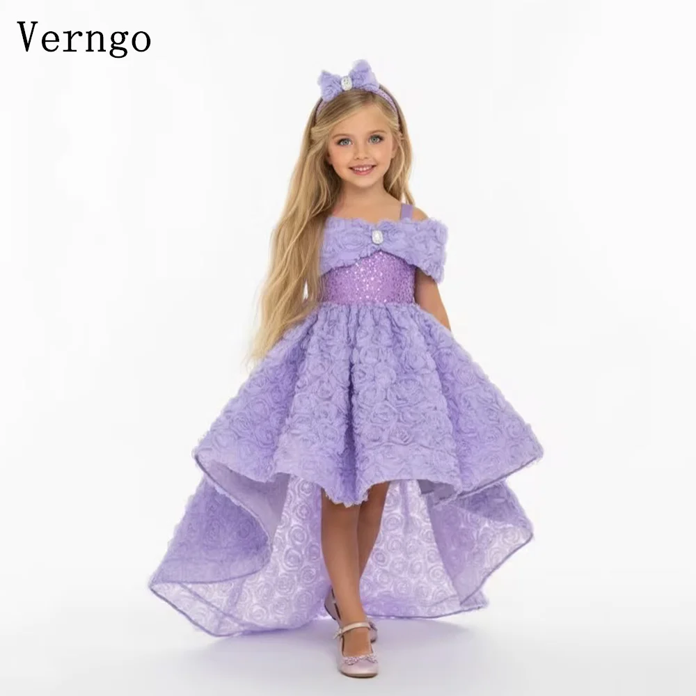 

Платье для девочки Verngo Princess Purple на день рождения, с 3D цветами, асимметричное бальное платье, платье для девочки-цветочницы в стиле знаменитостей, на заказ