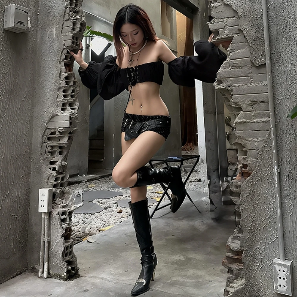 SylCue 섹시 패션 베스트 슈트 여성용 주름 셔링 코르셋 탑+랜턴 슬리브 커버 핫 걸즈 하이 스트리트 와일드 스타일 의상