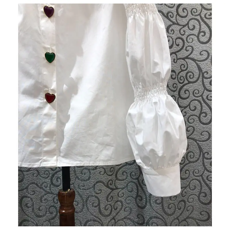 2023 Vintage Puff Bubble Sleeve Button Up Shirt Lady White Blouse Women Pointed Turn Down Collar Long Sleeve Cotton Tops