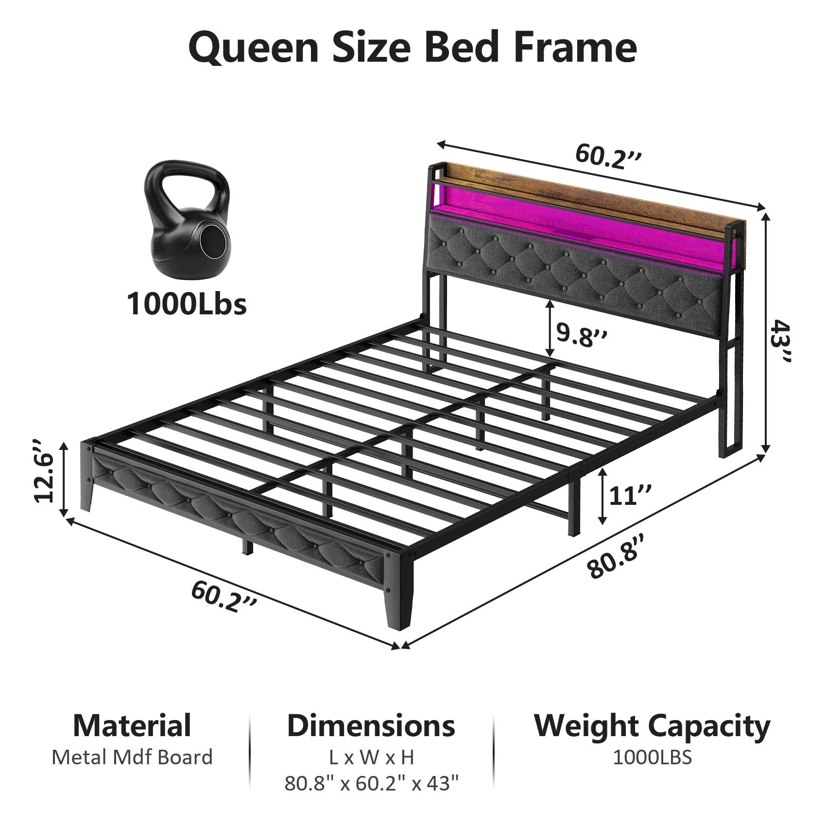 Queen Size Bed Frame with Ergonomic Headboard, Platform Bed Frame with RGB Lights, Outlets & Charger, Fast Assembly,Noise Free