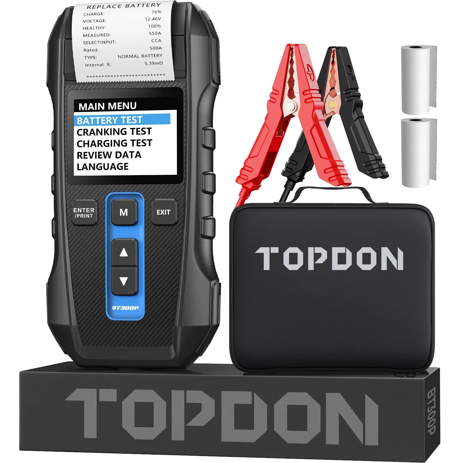 

Тестер аккумуляторов и генераторов TOPDON BT300P 12В/24В: 100-2000 CCA, встроенный принтер, тест нагрузки и защита от обратной полярности