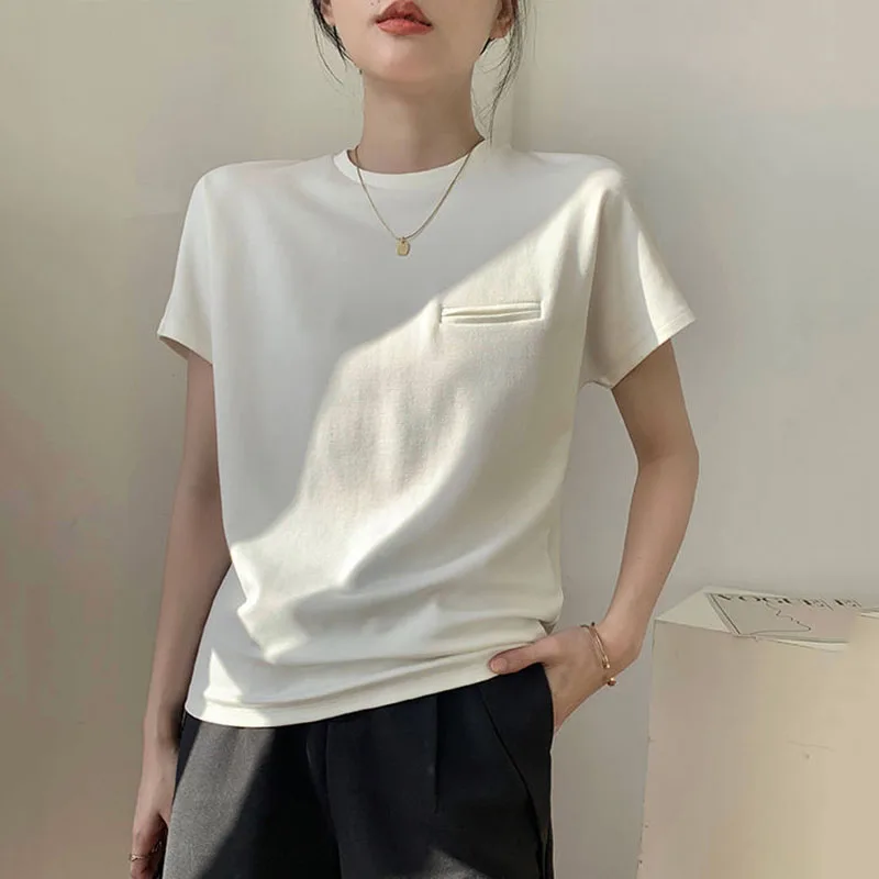 2024 Summer New White T Shirt for Women Fashion Fake Pocket Design Short Sleeved T-Shirts Casual Loose Simple Round Neck Tshirt